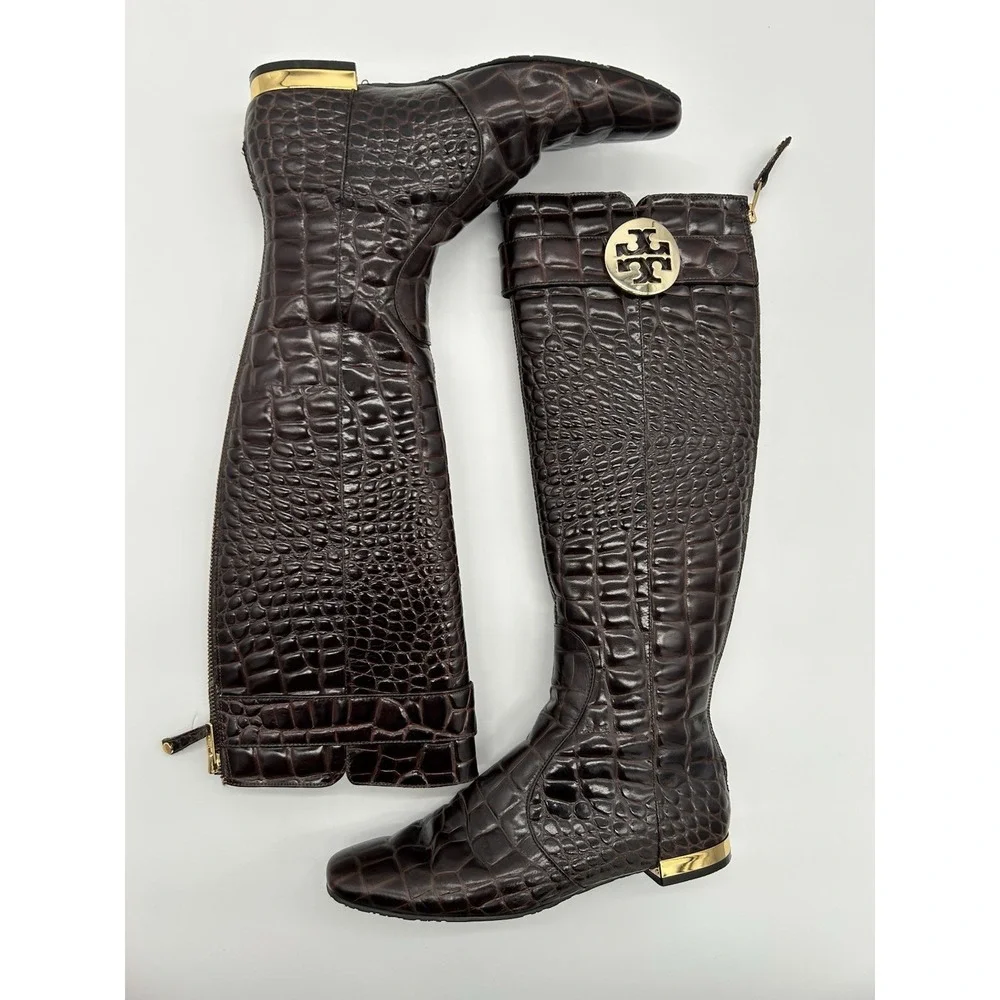 Tory Burch Brown Crocodile embossed leather riding boot Gold Heel & Logo Size‎ 7